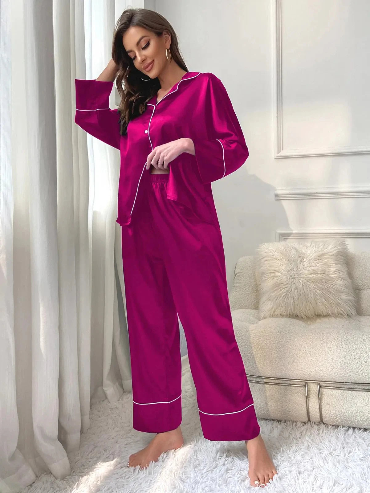 Women‘s Pajamas Set Notched Collar Top&Wide Leg Long Pants 2 Pieces Sleepwear