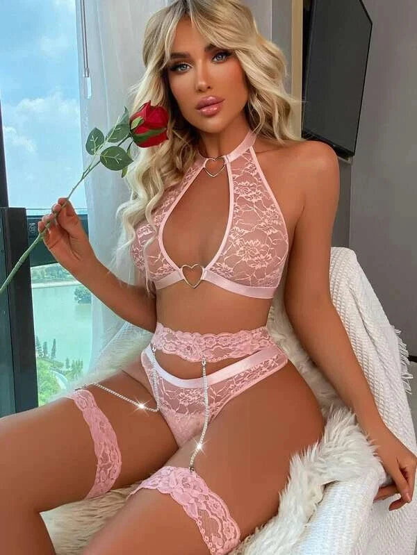 Women's Sexy Lingerie Lace Bra Set With Garter Belt Babydoll Nightwear Sleepwear