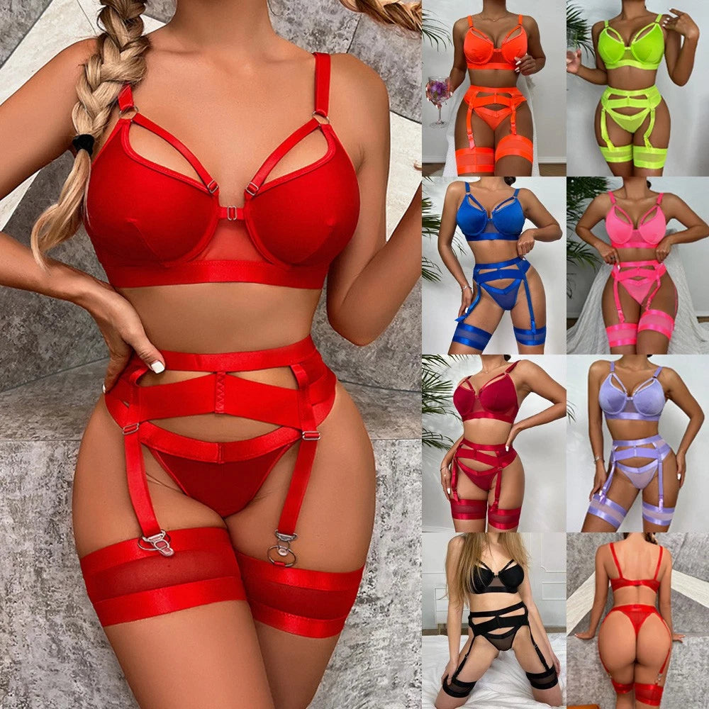 Sexy Underwear Babydoll Set Lingerie Nightwear Suspender Bra Thong Erotic Womens