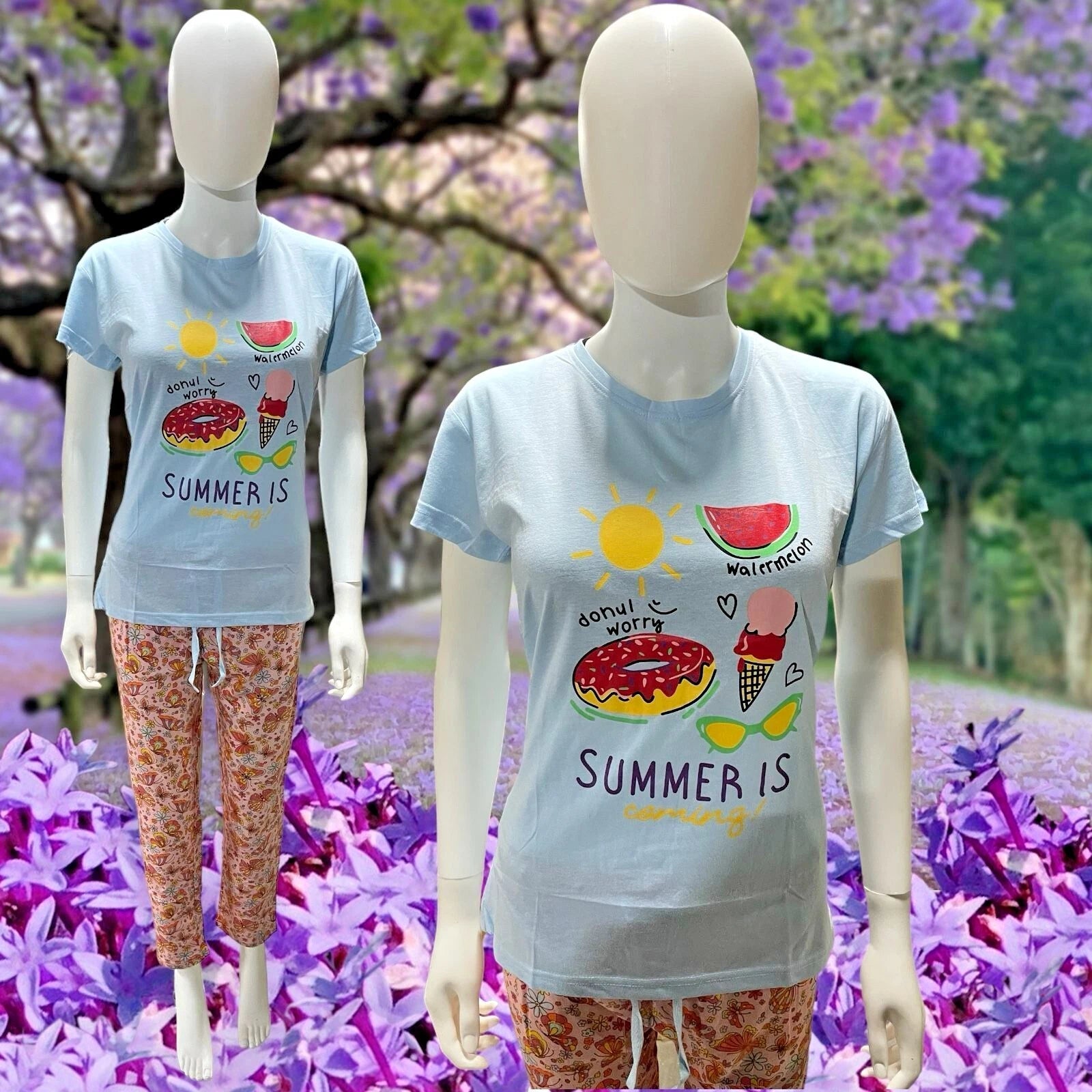 Ladies Cotton Pyjama PJ's Set Full Length Summer Short Sleeve Loungewear CT26-29