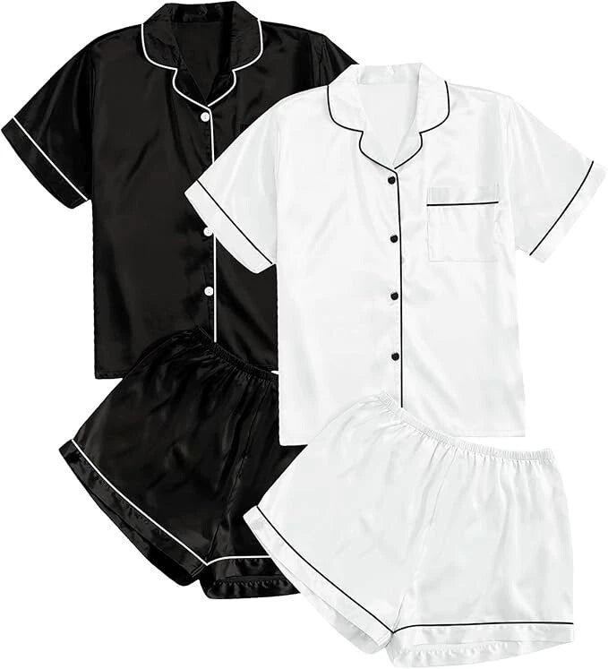 Women Silk Satin Pajamas Set Short Sleeve Button-Down Sleepwear Loungewear Charm