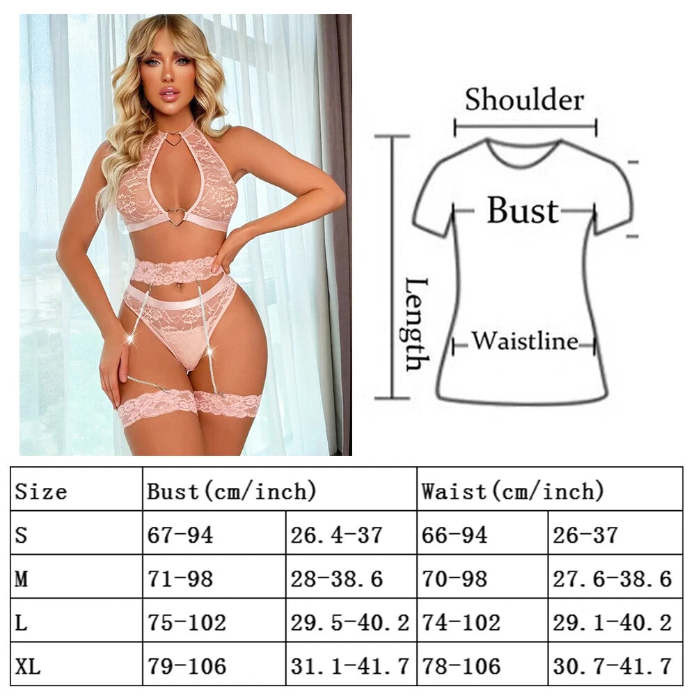 Women's Sexy Lingerie Lace Bra Set With Garter Belt Babydoll Nightwear Sleepwear