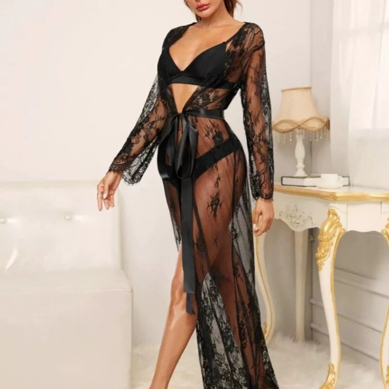 Plus Women Lingeries Lace Dress Sheer See-Through Nightwear Bathrobes Pajamas