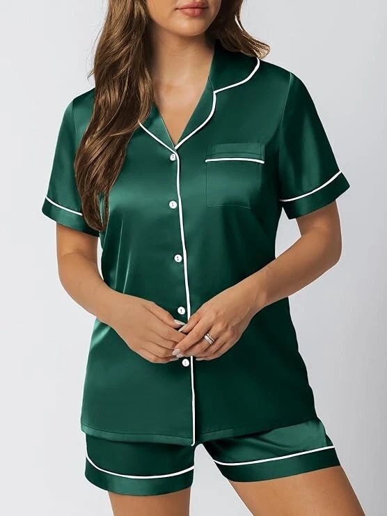 Women Silk Satin Pajamas Set Short Sleeve Button-Down Sleepwear Loungewear Charm