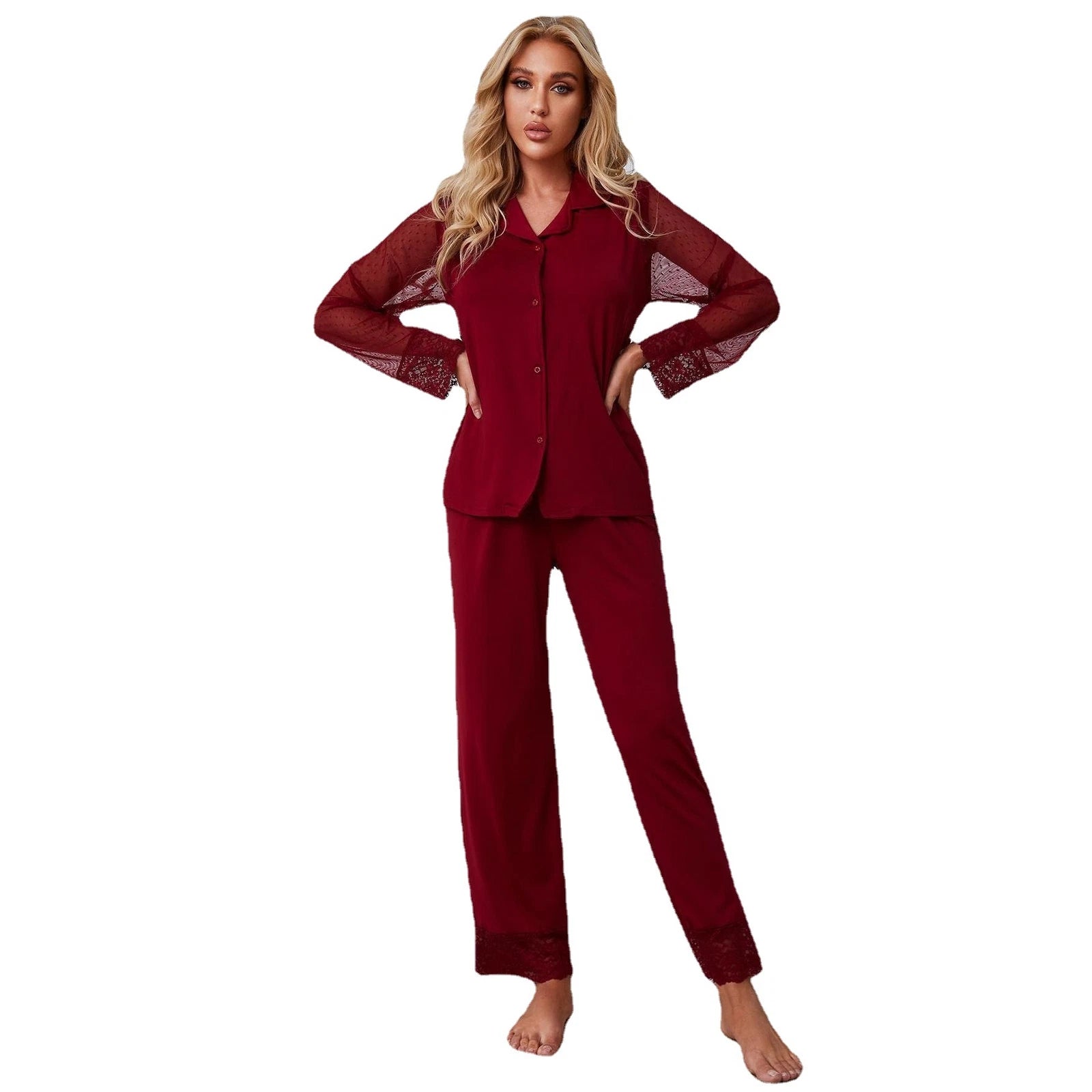 set: Solid color lace mesh long-sleeve long pants pajama set Women's home wear