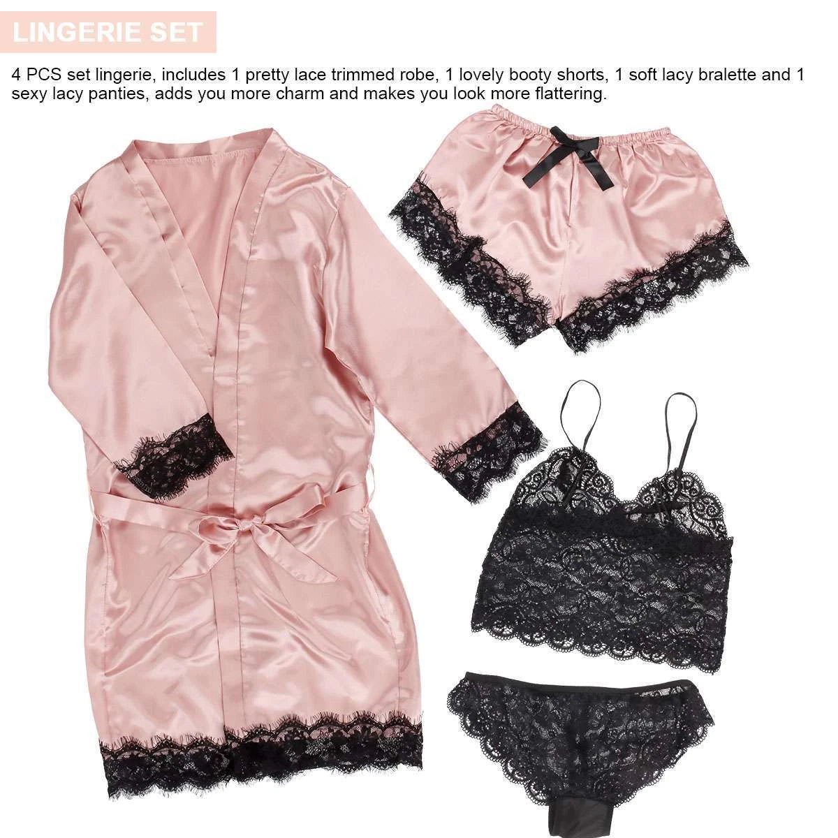 4Pcs Women' Silk Satin Pajamas Set Lingerie Floral Lace Cami Sleepwear with Robe
