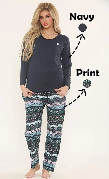 Ladies Pyjama 2PC Set Soft Jersey Printed PJ Nightwear Top Bottoms Long Sleeve