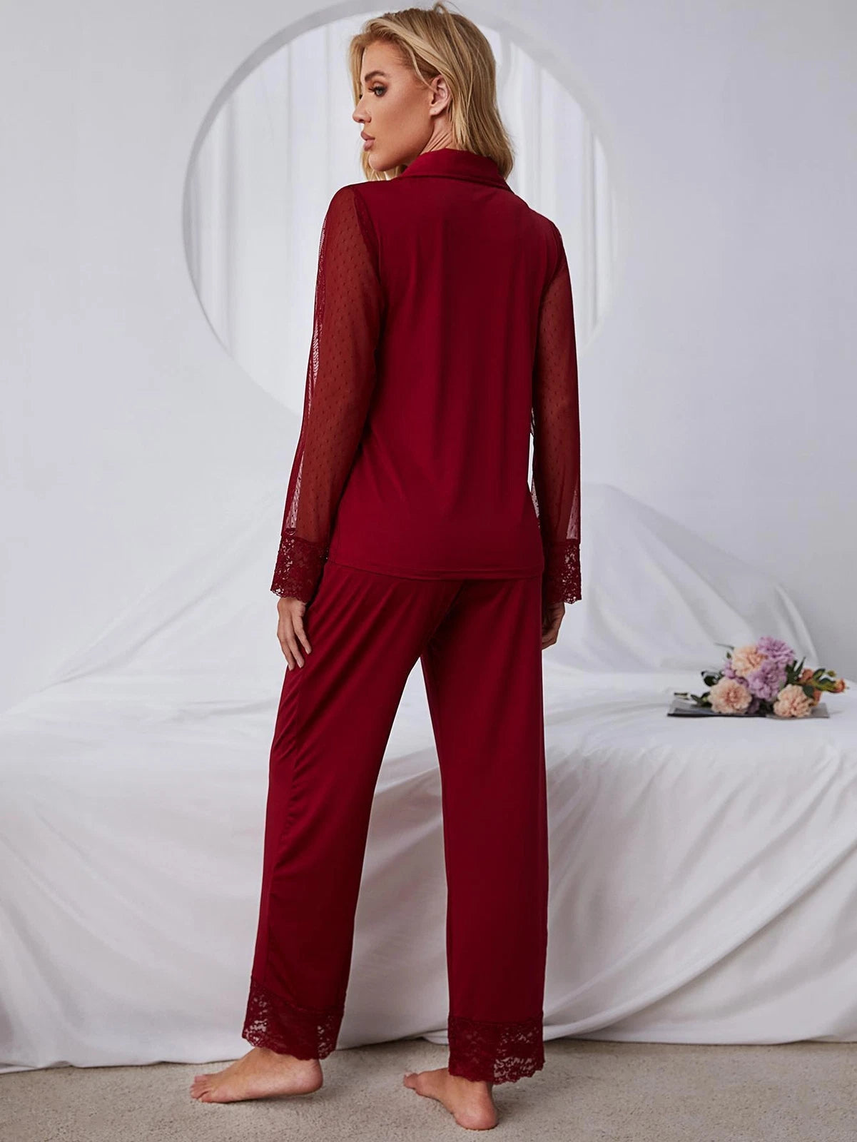 set: Solid color lace mesh long-sleeve long pants pajama set Women's home wear
