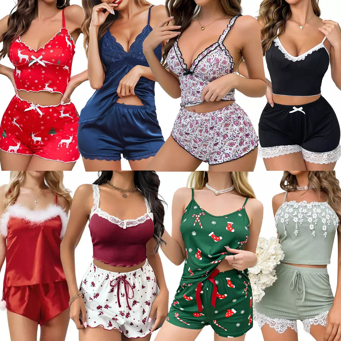 Sexy Satin Lace PJs Cami Set Camisole Shorts French Knickers Vest Nightwear Xmas