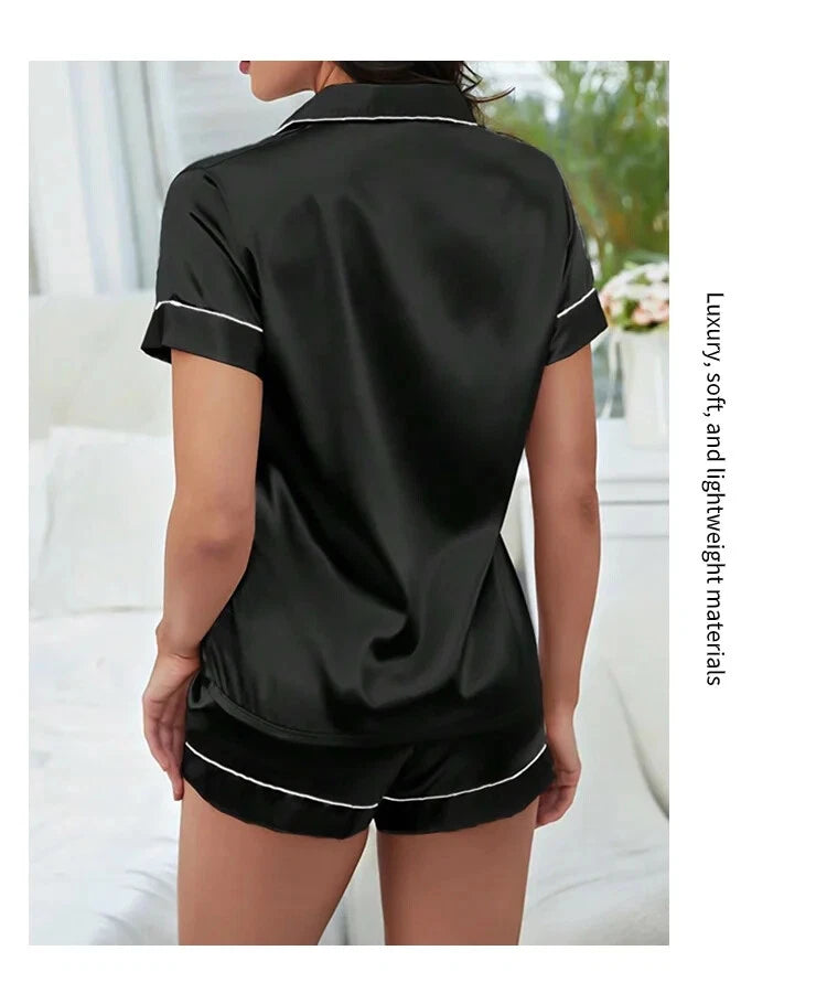Summer Women Pajamas  Button Down Top&Shorts 2 Pieces Sleepwear Notched Collar