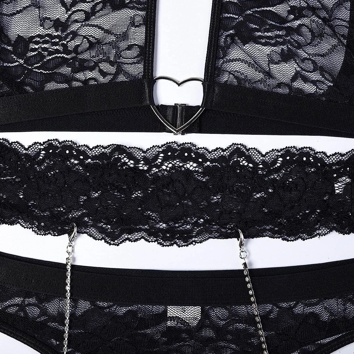 Women's Sexy Halter Lingerie Set with Garter Belts Lace Teddy Babydoll Bodysuit