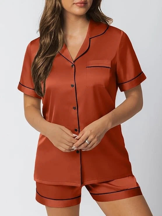 Women Silk Satin Pajamas Set Short Sleeve Button-Down Sleepwear Loungewear Charm