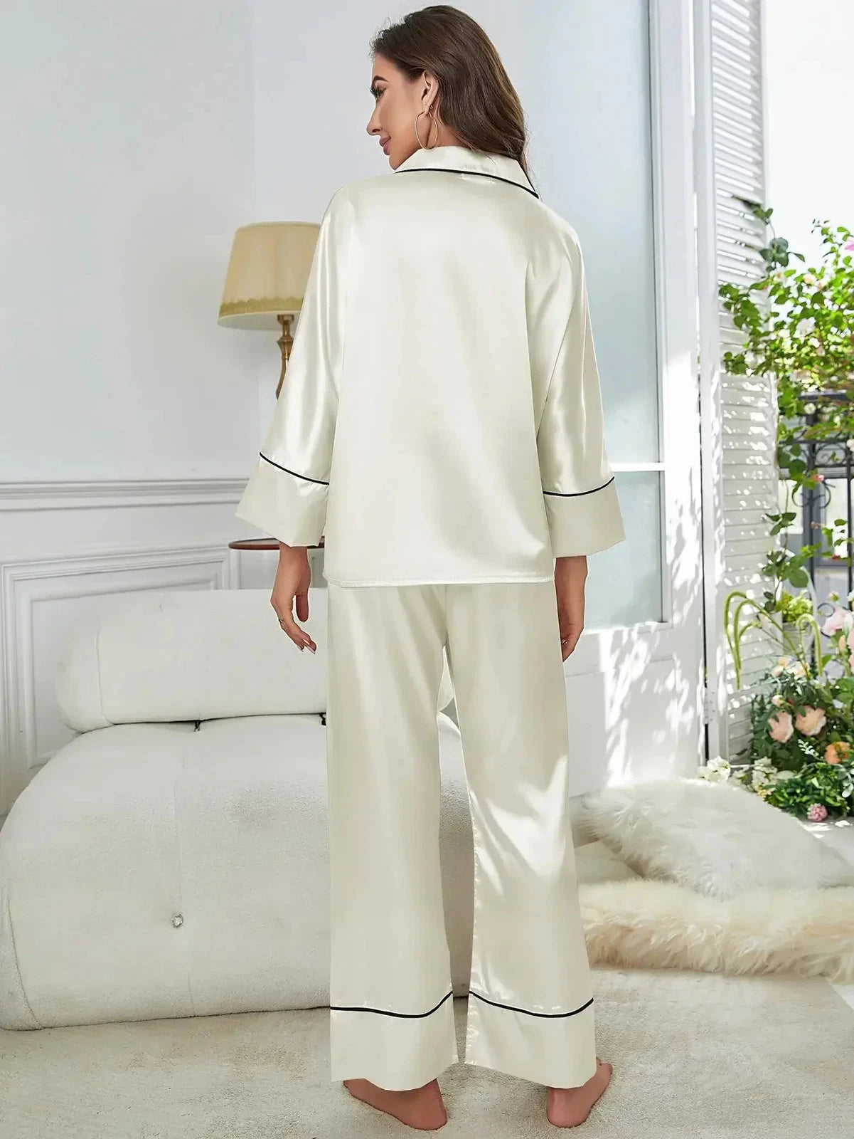Women‘s Pajamas Set Notched Collar Top&Wide Leg Long Pants 2 Pieces Sleepwear