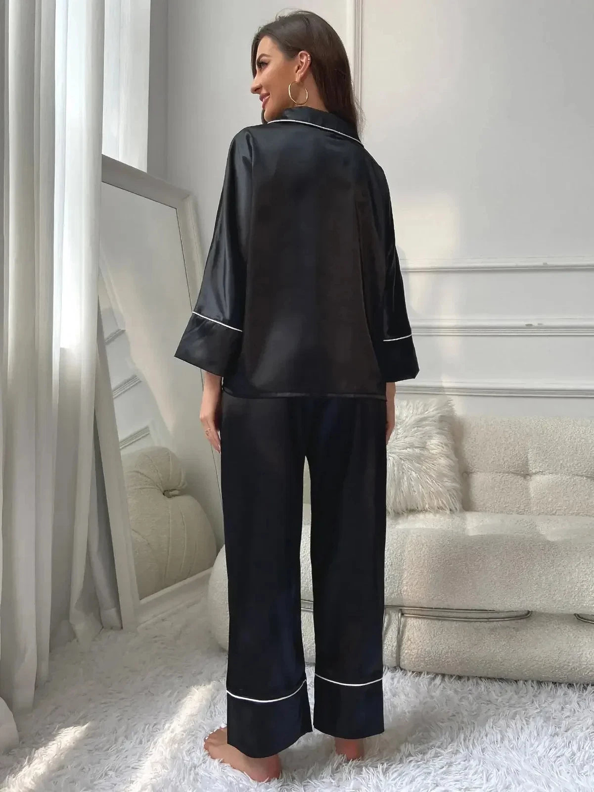 Women‘s Pajamas Set Notched Collar Top&Wide Leg Long Pants 2 Pieces Sleepwear