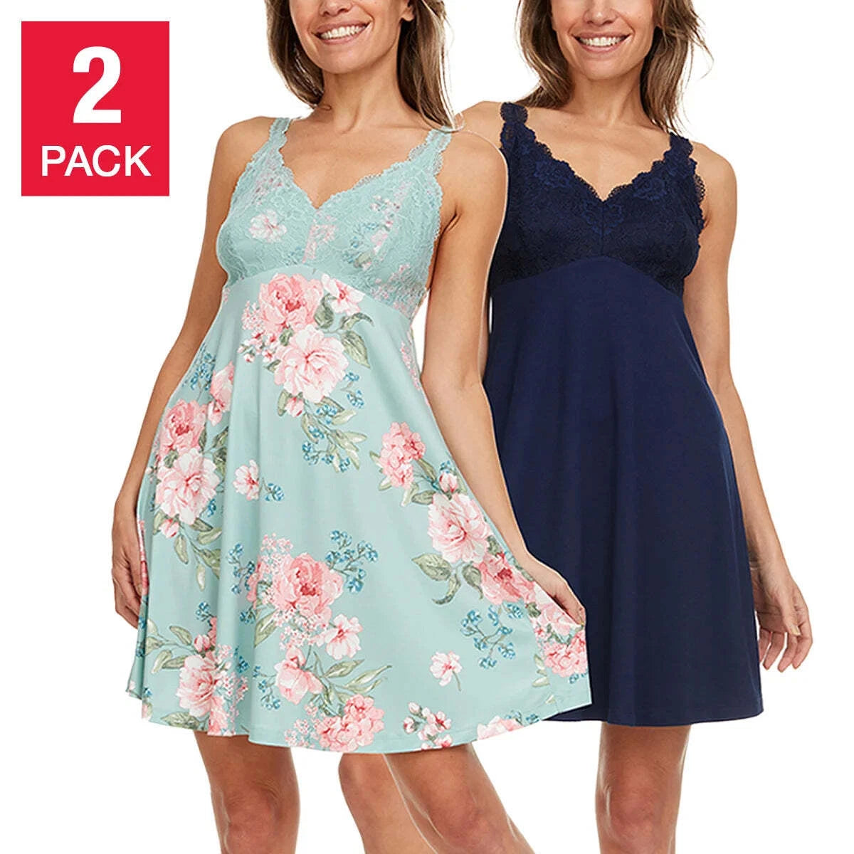 NWT Flora Nikrooz Women's 2-Pack V-Neck Lightweight Soft Lace Trim Chemise  S-XL