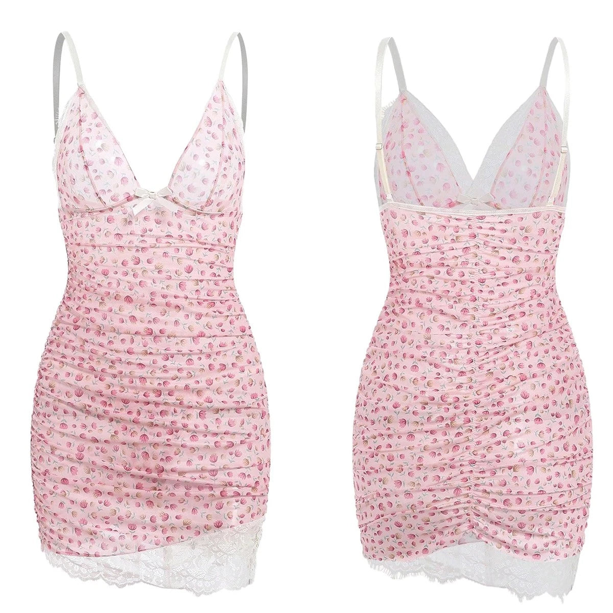 Sexy Women V-Neck Lingerie Lace Babydoll Mini Nightwear Sleepwear Slip Dress Set
