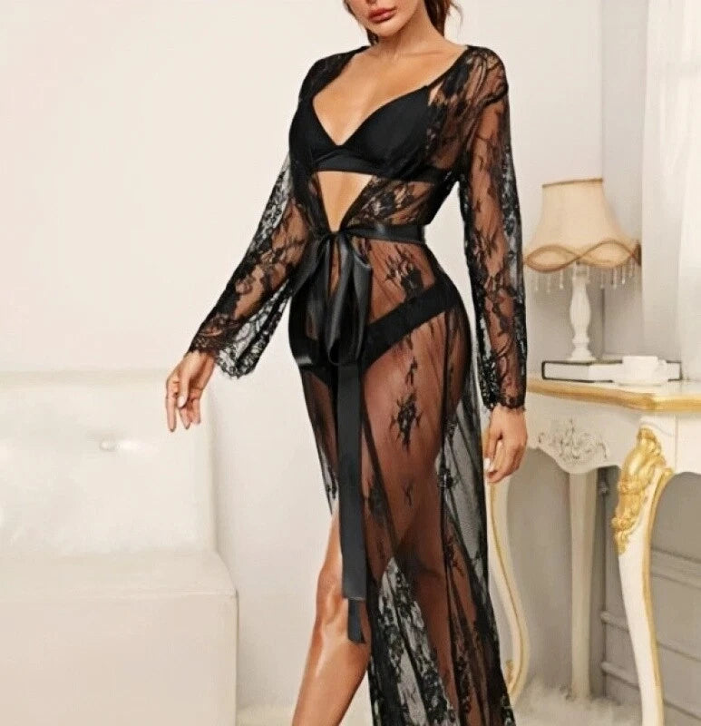 Plus Women Lingeries Lace Dress Sheer See-Through Nightwear Bathrobes Pajamas