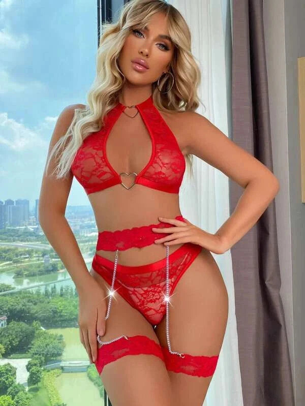 Women's Sexy Lingerie Lace Bra Set With Garter Belt Babydoll Nightwear Sleepwear