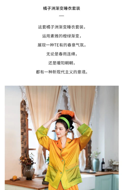 Orange Women PajamaSet Long Sleeve Spring Autumn Sleepwear Thin Green Home Suit