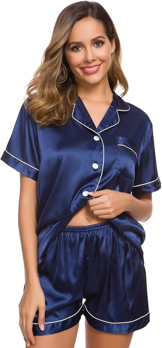Women Silk Satin Pajamas Set Short Sleeve Button-Down Sleepwear Loungewear Charm