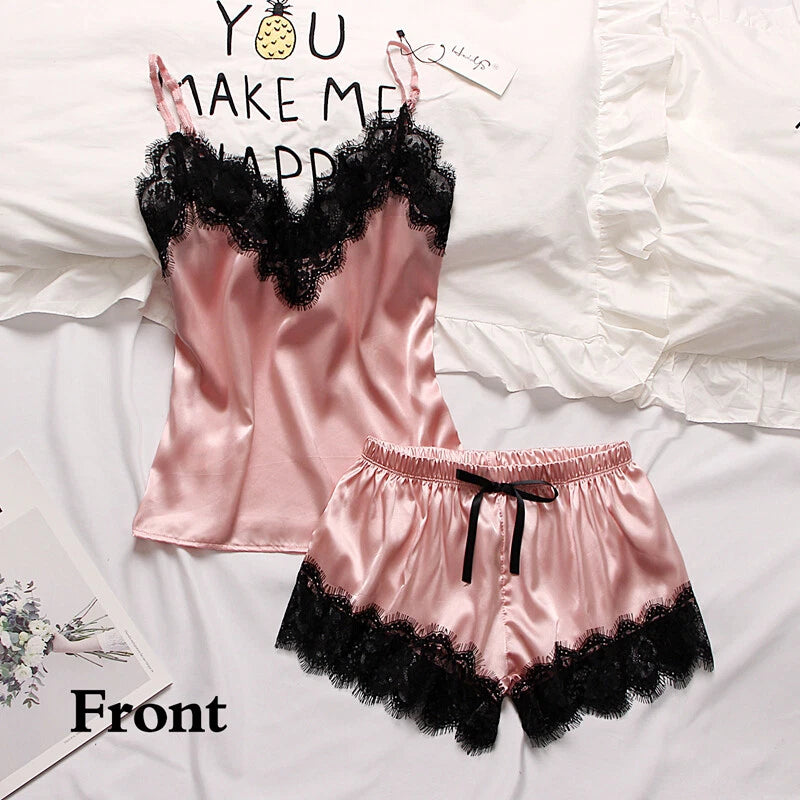 Ladies Women Satin Silk Lace Cami Vest Shorts Lingerie Pyjamas Set Pj Sleepwear