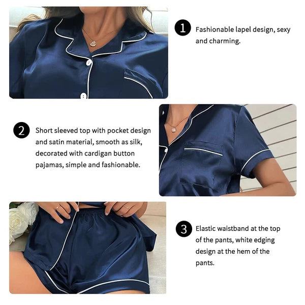 Summer Women Pajamas  Button Down Top&Shorts 2 Pieces Sleepwear Notched Collar