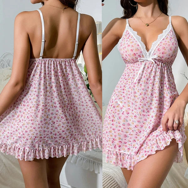 Sexy Women V-Neck Lingerie Lace Babydoll Mini Nightwear Sleepwear Slip Dress Set