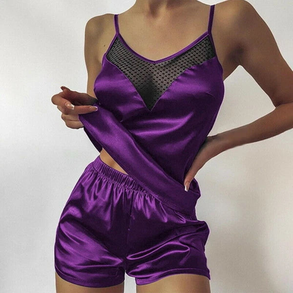 2pcs Womens Sexy Satin Silk Lace Cami Vest Shorts Lingerie Pyjamas Nightwear Set