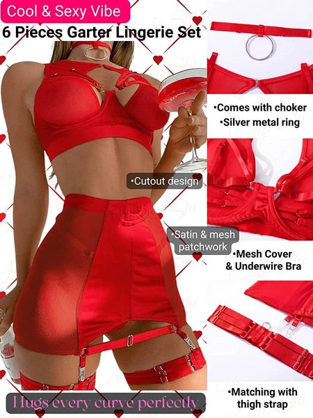 Sexy Garter Belt Set Women High Waist Lingerie Babydoll 4pcs Nightwear Sleepwear