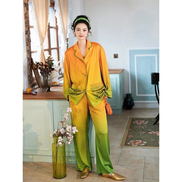 Orange Women PajamaSet Long Sleeve Spring Autumn Sleepwear Thin Green Home Suit