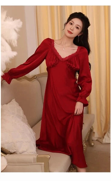 Spring Vintage Princess Sleepwear Silk Pajama Nightdress  Ruffles Lace V-Neck