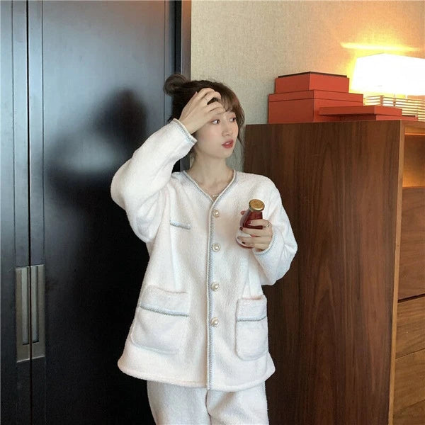 Chic Velvet Pajama Woman Winter Elegant Pyjama Femme Two Piece Set Home Clothes