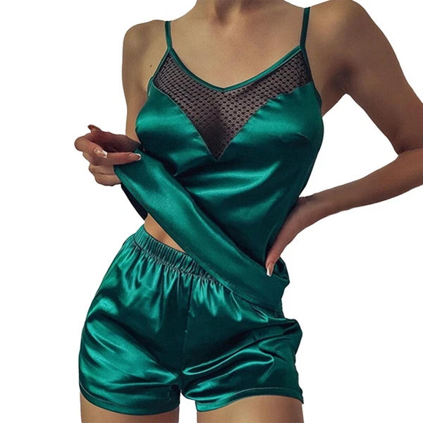 2pcs Womens Sexy Satin Silk Lace Cami Vest Shorts Lingerie Pyjamas Nightwear Set