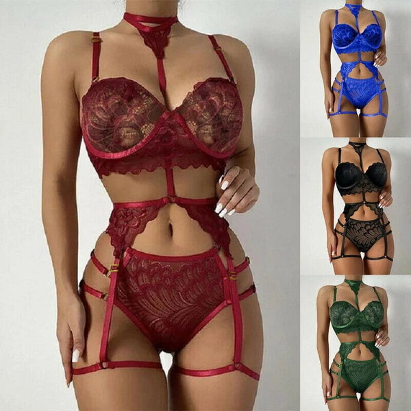 Womens Sexy Lingerie Set Bra + Thong + Garter Belt Babydoll G-String Underwear !