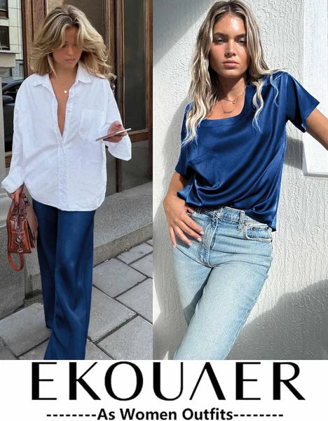Conjuntos De Pijamas Para Mujer Pantalón Largo Manga Corta De Seda Sexi Elegante
