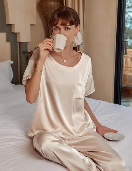 Conjuntos De Pijamas Para Mujer Pantalón Largo Manga Corta De Seda Sexi Elegante