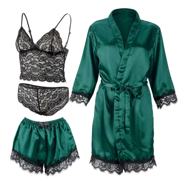 4Pcs Women' Silk Satin Pajamas Set Lingerie Floral Lace Cami Sleepwear with Robe