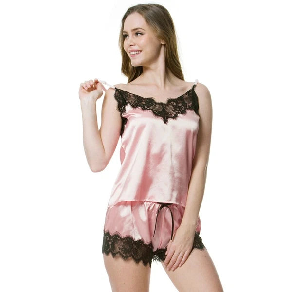 Ladies Women Satin Silk Lace Cami Vest Shorts Lingerie Pyjamas Set Pj Sleepwear