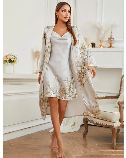 Womens Satin Chemise Kimono Bathrobe Gown Set Sexy Loungewear V-Neck Sleepwear