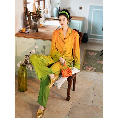 Orange Women PajamaSet Long Sleeve Spring Autumn Sleepwear Thin Green Home Suit