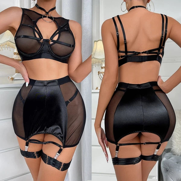 Sexy Garter Belt Set Women High Waist Lingerie Babydoll 4pcs Nightwear Sleepwear