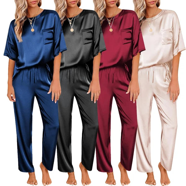 Conjuntos De Pijamas Para Mujer Pantalón Largo Manga Corta De Seda Sexi Elegante