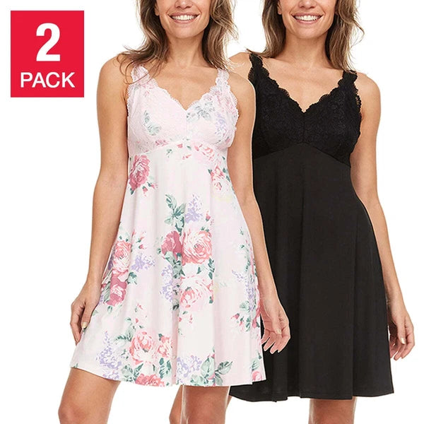 NWT Flora Nikrooz Women's 2-Pack V-Neck Lightweight Soft Lace Trim Chemise  S-XL