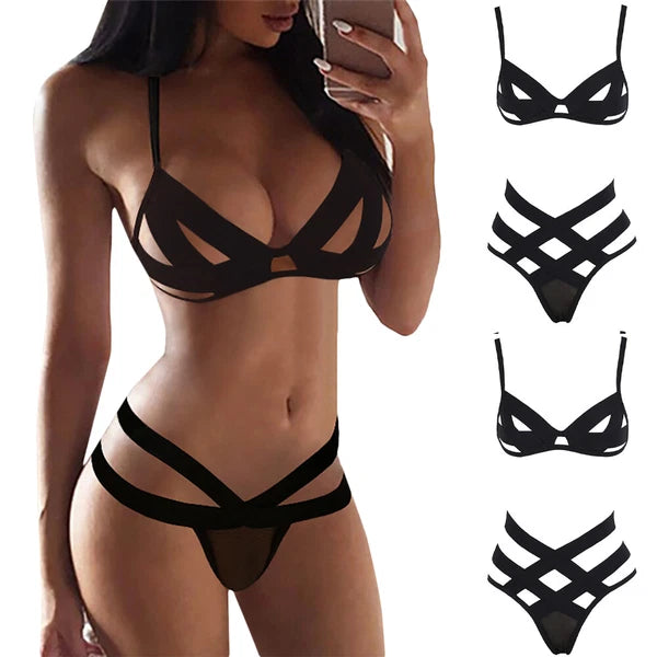 Womens Sexy Lingerie Strappy Hollow Out Top Bra Thong Set Underwear Nightwear