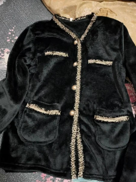 Chic Velvet Pajama Woman Winter Elegant Pyjama Femme Two Piece Set Home Clothes