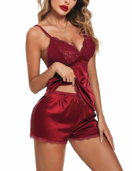 Sexy Satin Lace PJs Cami Set Camisole Shorts French Knickers Vest Nightwear Xmas