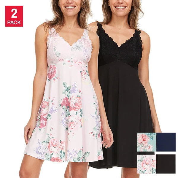 NWT Flora Nikrooz Women's 2-Pack V-Neck Lightweight Soft Lace Trim Chemise  S-XL