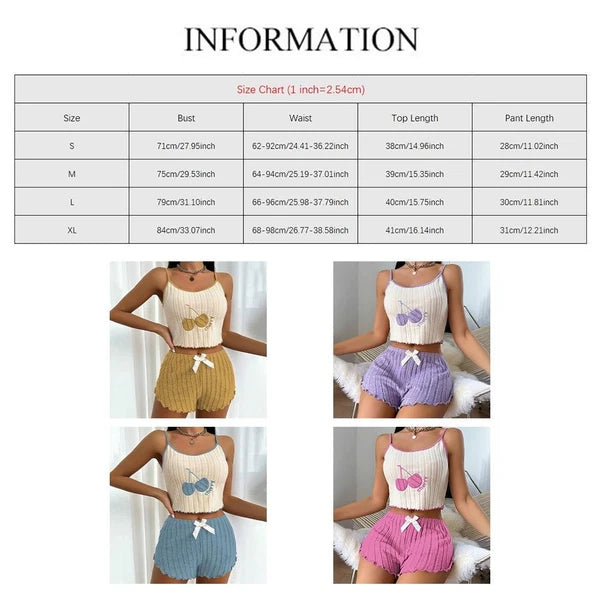 Camisole Shorts Lace Up Pajama Set Moderate Elasticity Printing Pattern