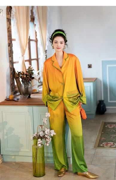 Orange Women PajamaSet Long Sleeve Spring Autumn Sleepwear Thin Green Home Suit