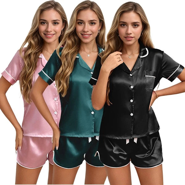 Ladies Satin Silk Pyjamas Nightwear PJs Set Women Short Sleeve Button Sleepwear